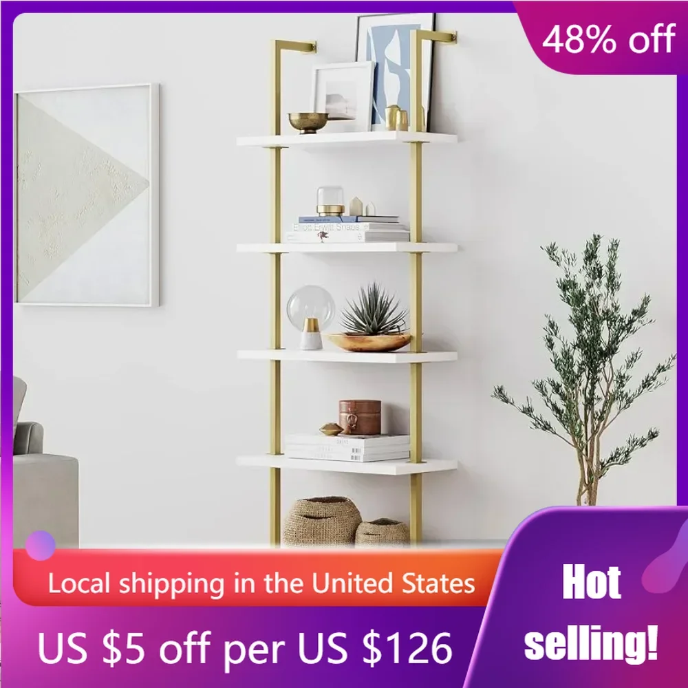 Open Wall Mount Ladder Bookshelf With Industrial Metal Frame Shelf Modern Bookcase Living Room Furniture Freight free