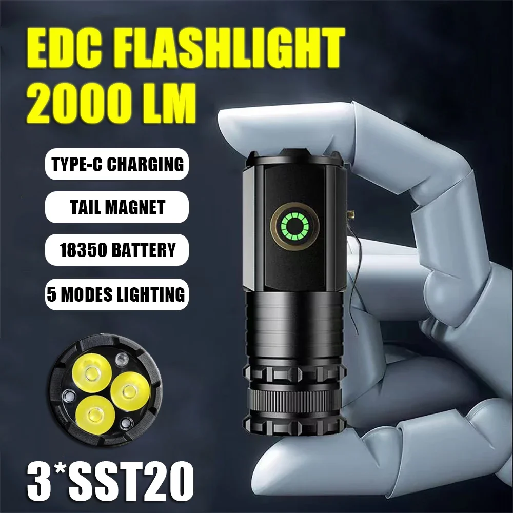 Mini LED Flashlight 3LED Ultra Strong Light Flash Light Portable USB Rechargeable Built-in Battery with Pen Clip and Tail Magnet
