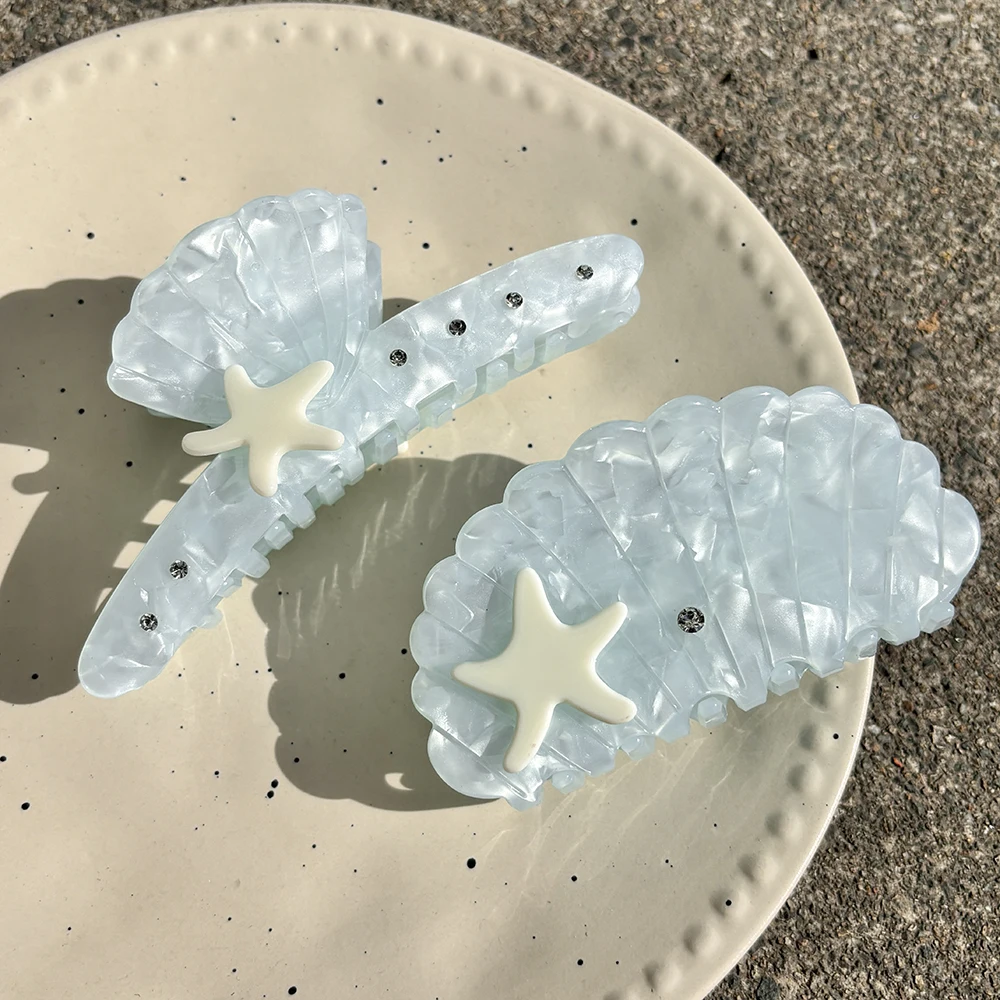 

Blue Gradient Starfish Inlay Rhinestone Oversize Crab Hair Clip Claw For Women Girls Geometric Fixed Ponytail Beach Accessories