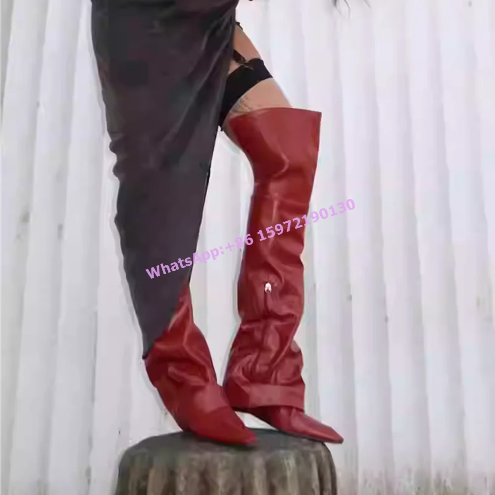 

Turn-Over Edges Red Boots Pointy Toe Side Zipper Pleated Fashion Over The Knee Knight Boots Women's 2025 Runway Sexy Shoes