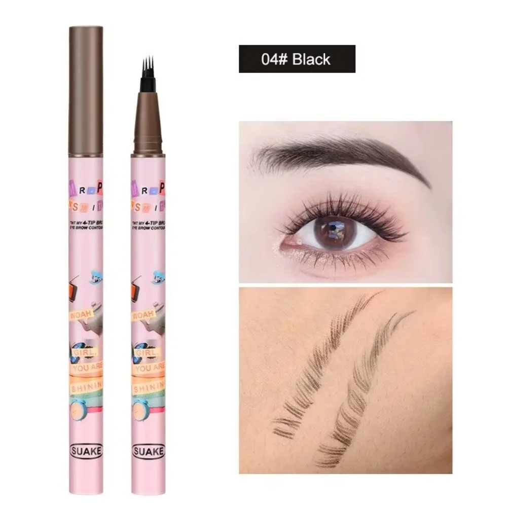 กันน้ํา 4 สีปากกาเขียนคิ้ว 4 เคล็ดลับส้อม Natural Dark Brown Liquid Eye Brow ดินสอเครื่องสําอางติดทนนาน Eyebrow Tattoo ดินสอ