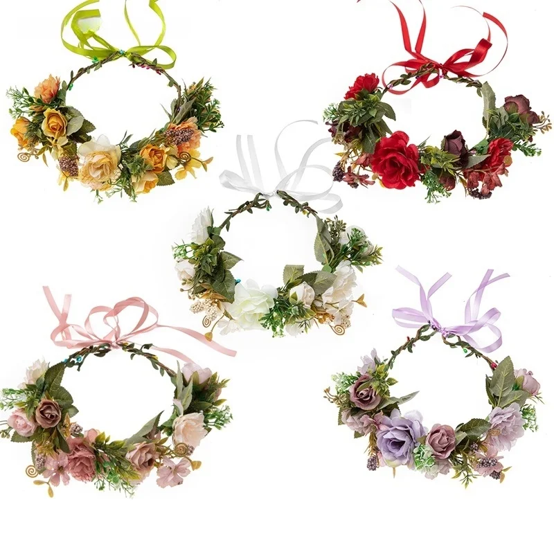 1 Pcs Flower Headband Head Roses Garland Hair Band Crown Boho Fabric Wreath Photo Props Festival Wedding Hair Accessories