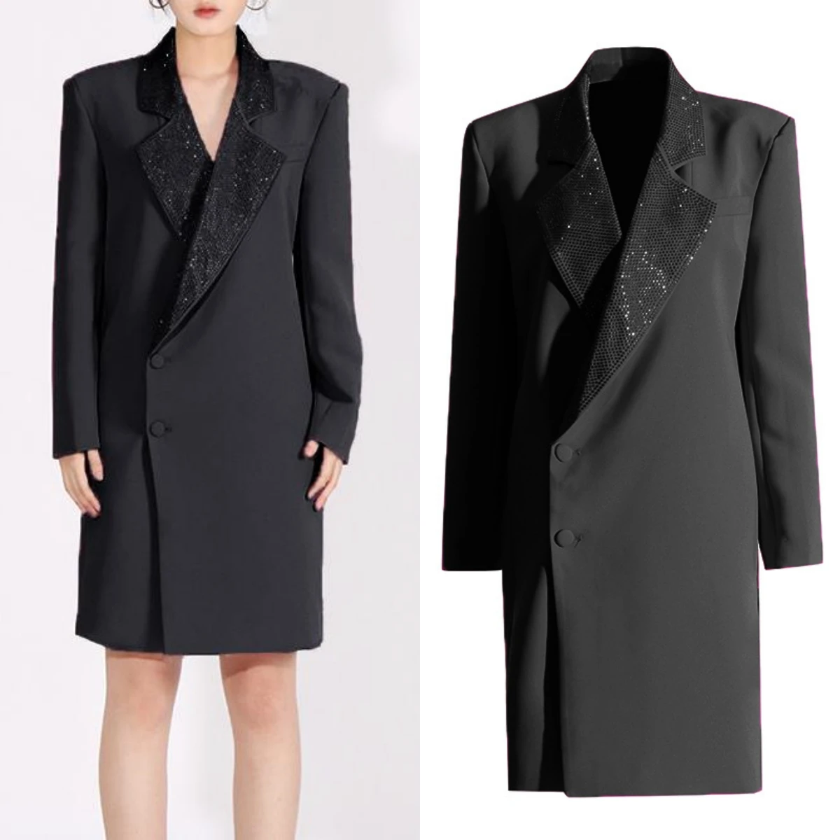 Diamonds Notched Lapel Suit Jacket for Women, Side Button Breasted Suit Blazer, Long Suits Coat with Shrug Shoulder