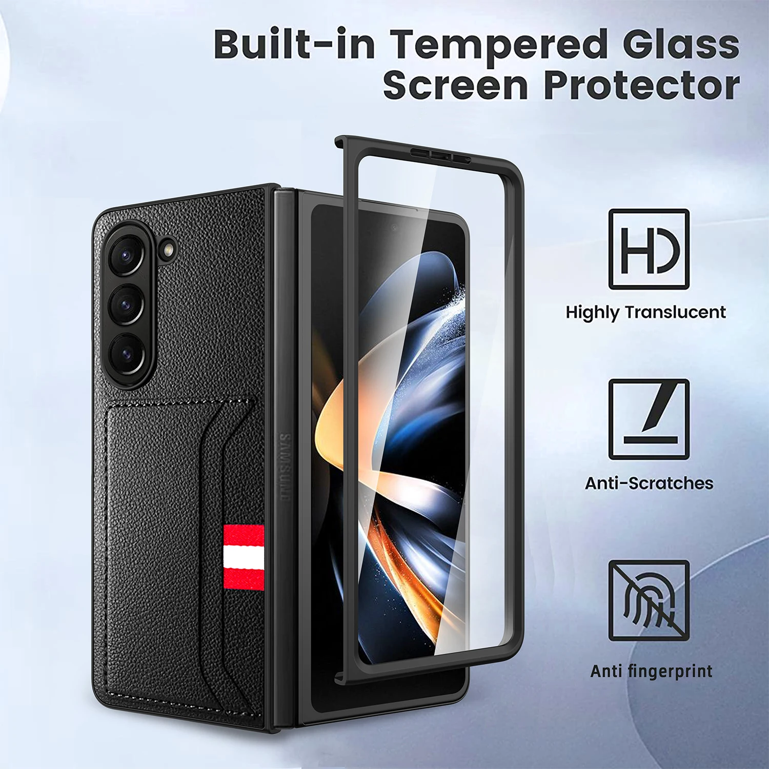 

For Samsung Galaxy Z Fold 5 Case Luxury Lychee Leather Card Bag With Tempered Film Folding Shockproof Protection Hard Back Cover