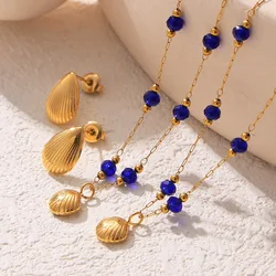 Shell Pendant Necklace Earrings Set Royal Blue Crystal Chain Waterproof 316L Stainless Steel Gold Plated Summer Jewelry Gift