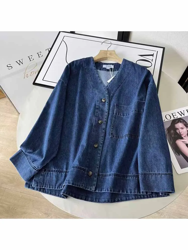 Women New Fashion Pocket Decoration V Neck Button-up Denim Jacket Coat Long Sleeve Female Outerwear Chic Overshirt Versatile