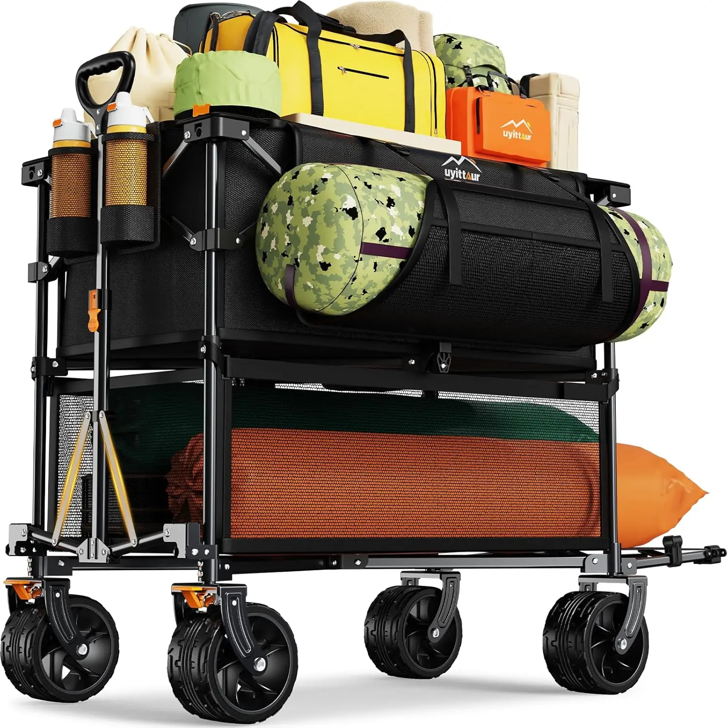 Foldable Extra Long Double Decker Wagon for Sport, 400L Heavy Duty with Big Wheels, Utility for Outdoors