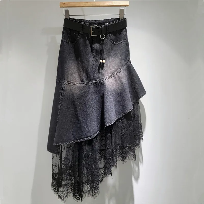 Irregular Lace Splicing Denim Skirts for Women Temperament Fashion High Waist Mermaid Skirt Vintage Distressed Mid-Length Skirts