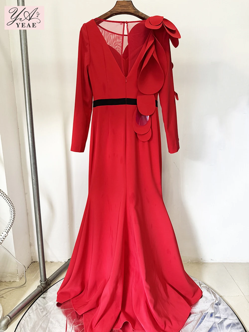 Sexy O Neck Petal Splicing Maxi Dress Women Long Sleeve Red Patchwork  Slim Dresses Elegant Evening Party Cocktail Gowns