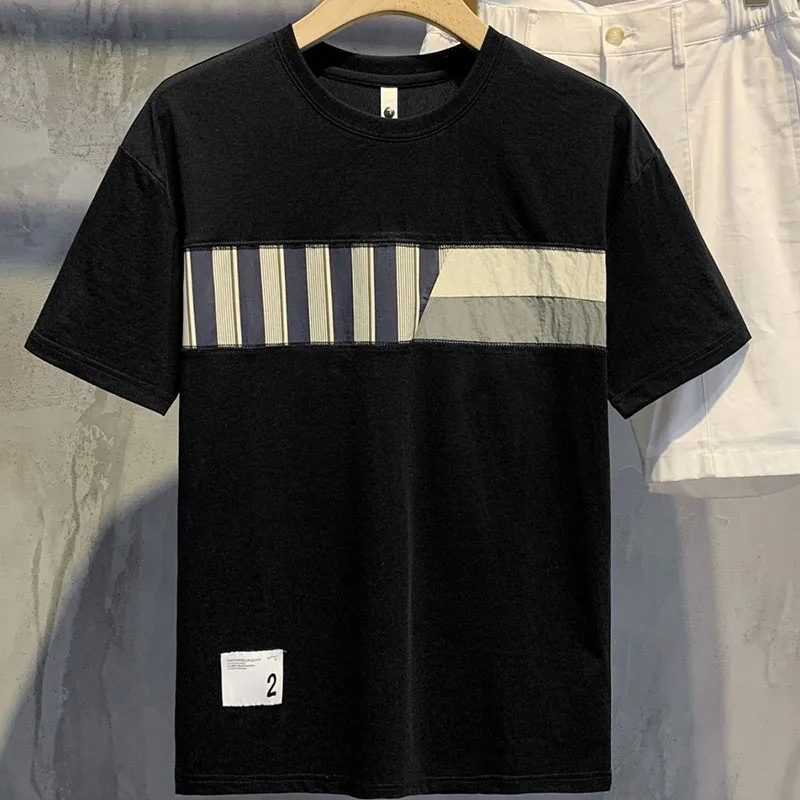 Fashion O-Neck Spliced Korean Striped T-Shirt Men\'s Clothing 2023 Summer New Oversized Casual Pullovers All-match Tee Shirt