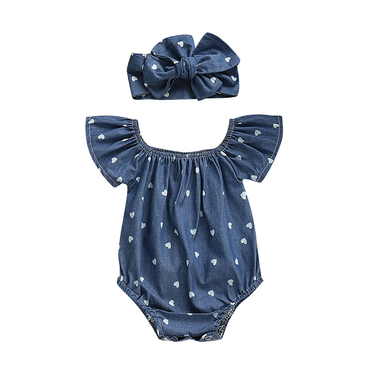 2023 Summer Newborn Infant Baby Girls Romper + Headband Off Shoulder Peach Heart Print Denim Jumpsuit Fashion Baby Clothing