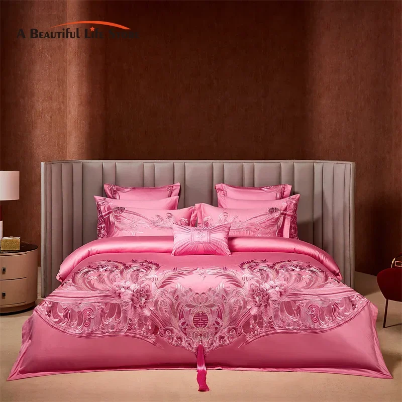 Pink Luxury Chinese Style Wedding Bedding Set Satin Jacquard Egyptian Cotton Peony Embroidery Duvet Cover Bed Sheet Pillowcases