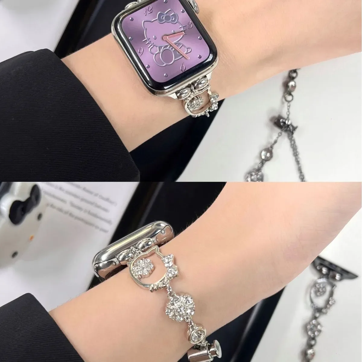 

2024 Cartoon Kittys Slim Bracelet Metal Strap Watch Apple Watch 8 7 6 SE 5 4 3 IWatch Toy Bracelet Diamond Strap Women's Gift