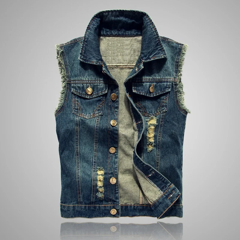 Men's Slim Fit Casual Jean Jacket Spring-Thin Front-Lined Fringed Denim Vest with Lapel and Sleeveless Design