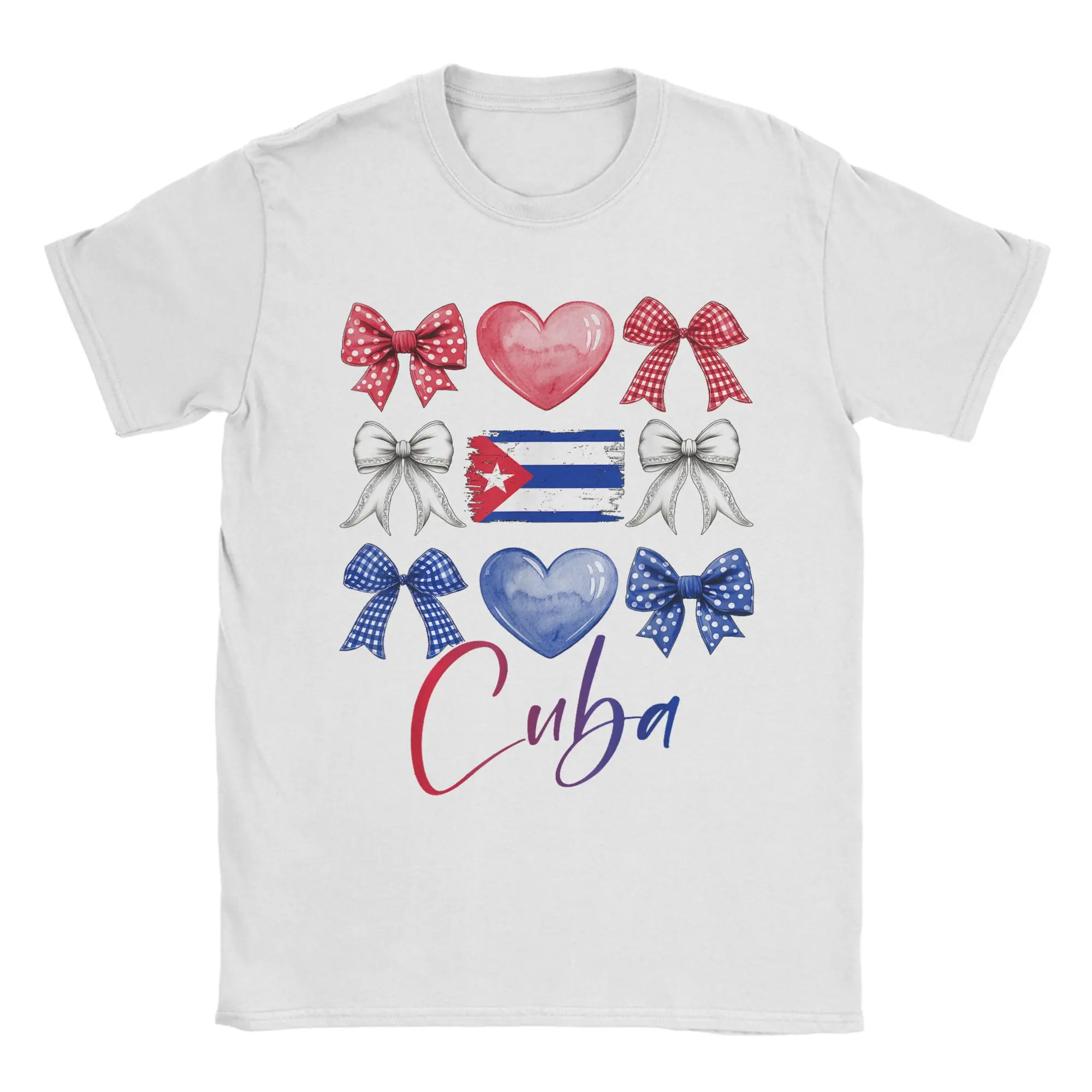 Priting Cute Cuba Hispanic Heritage Month Bow Cuban Flag Tshirts For Men Women Short Sleeve Tops  100%Cotton Summer Tops Shirts