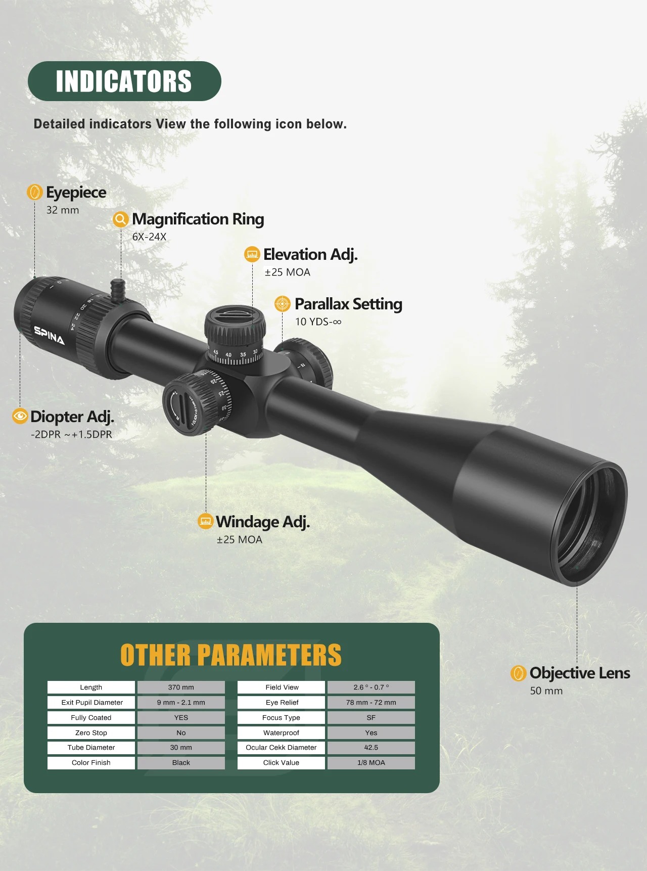 SPINA OPTICS WolfChase 6-24x50 FFP First Focal Plane Tactical Hunting Precision RifleScope Min Focus 10 yds Sight Fit PCP AR15