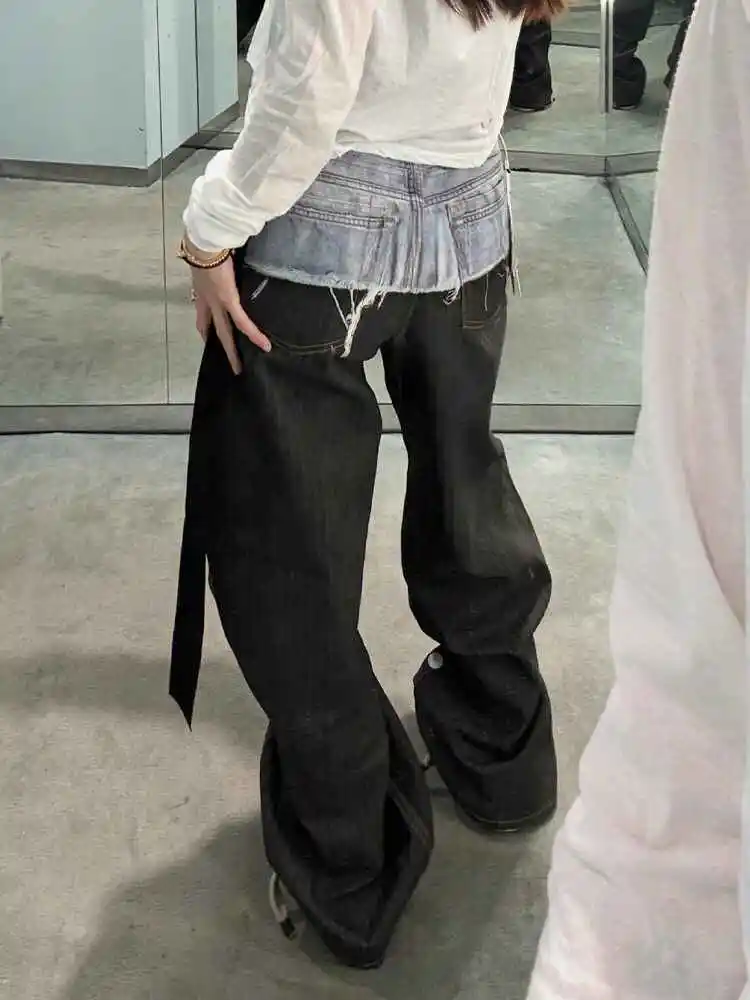 Women's Baggy Jean Patchwork Denim Pants Goblin Core Y2K Japanese Harajuku 2000s Design Wide Fit High Street Chic American Retro