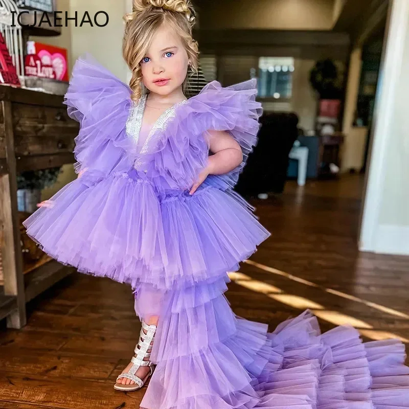 

2025 Purple Princess Trailing Evening Dress Lush Sweet Solid Party Matching Girl Clothing Kids Mesh Pageant Costumes