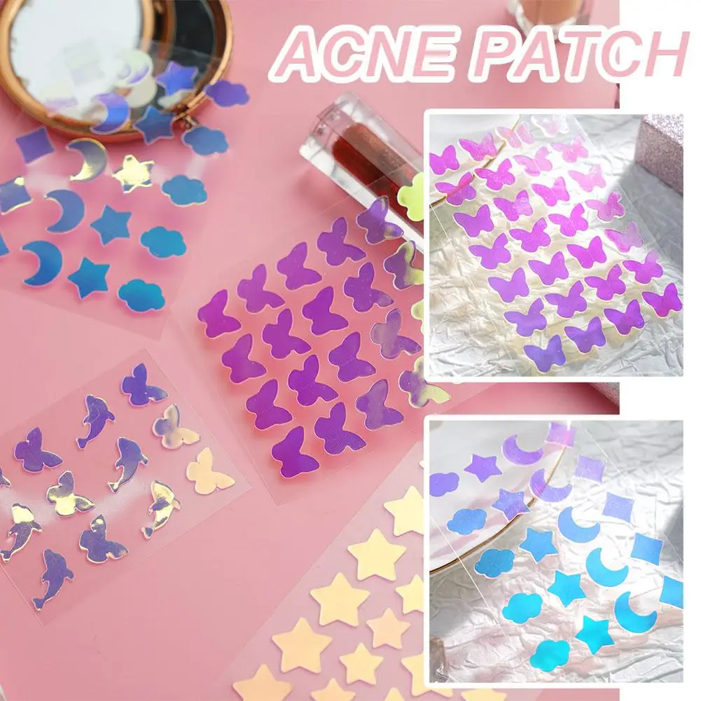 Cute Holographic Hydrocolloid Pimple Patches - Butterfly/Heart/Star Shapes for Acne Concealer Face Stickers