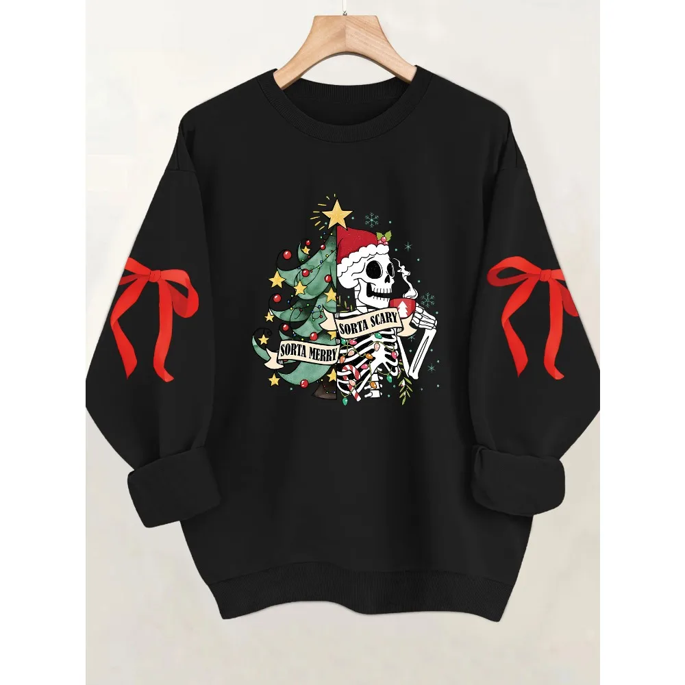 

Women'S Gothic Christmas Sweater Dark Green with Red Ribbon & Skull Print Unisex Men Long Sleeve Round Neck Casual Pullover