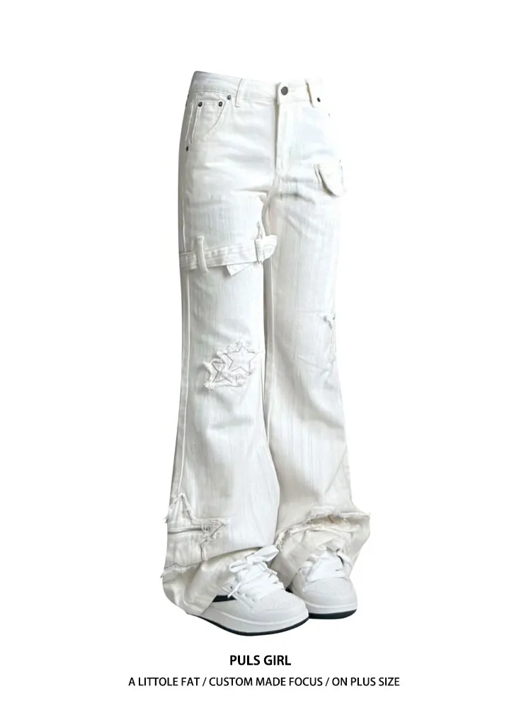 

Retro American Large Size Denim Jeans Women's High Waist Bell Bottoms Star Washed Drapey Trousers Trendy Casual Pants