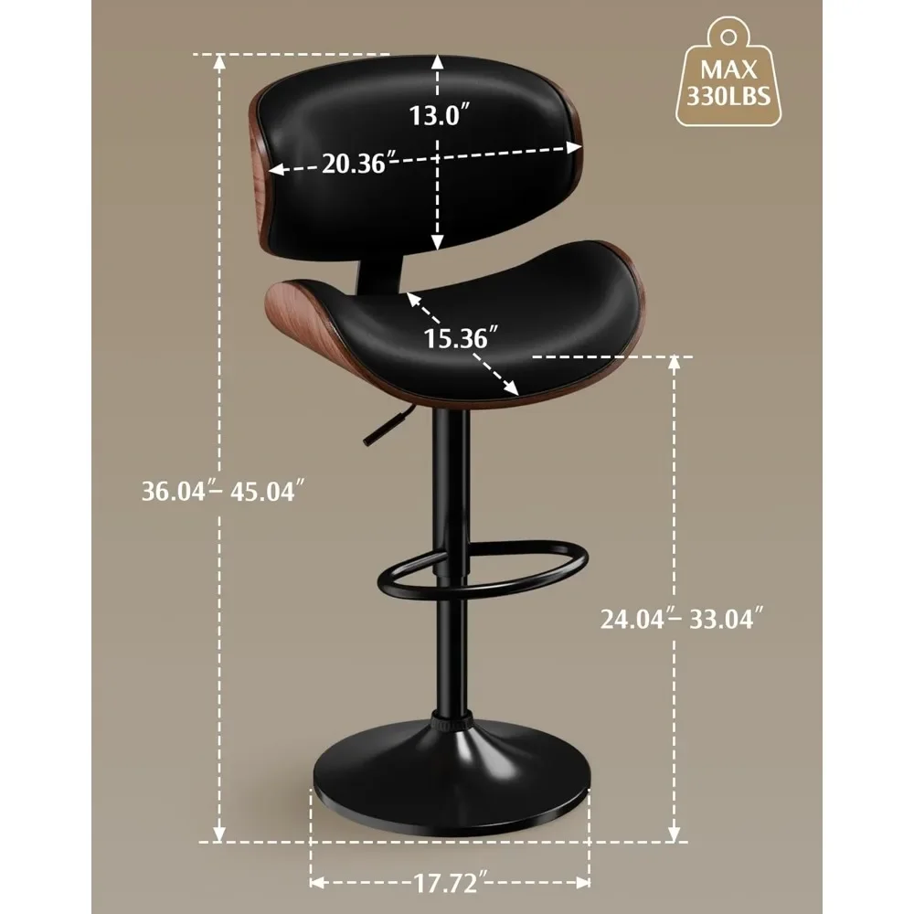 PU couro ajustável giratória Bar Stools, preto forte meados do século cadeira moderna, estofados balcão altura Bar Stool, conjunto de 2