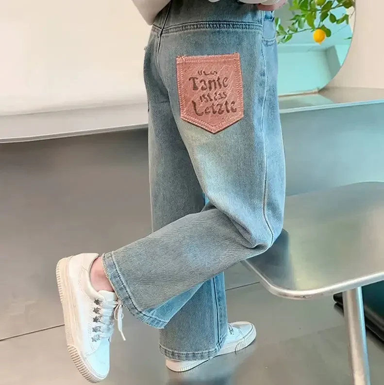 Jeans brodés de style coréen pour filles, pantalons en denim pour filles, jeans droits taille haute pour enfants et adolescents, printemps