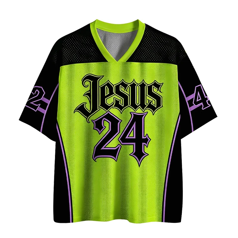 Jesus 24 Gothic Letter Print V-neck Mesh Jersey, Contrast Color Number Graphic Short Sleeve Shirt, Hip Hop Street Sports Tee