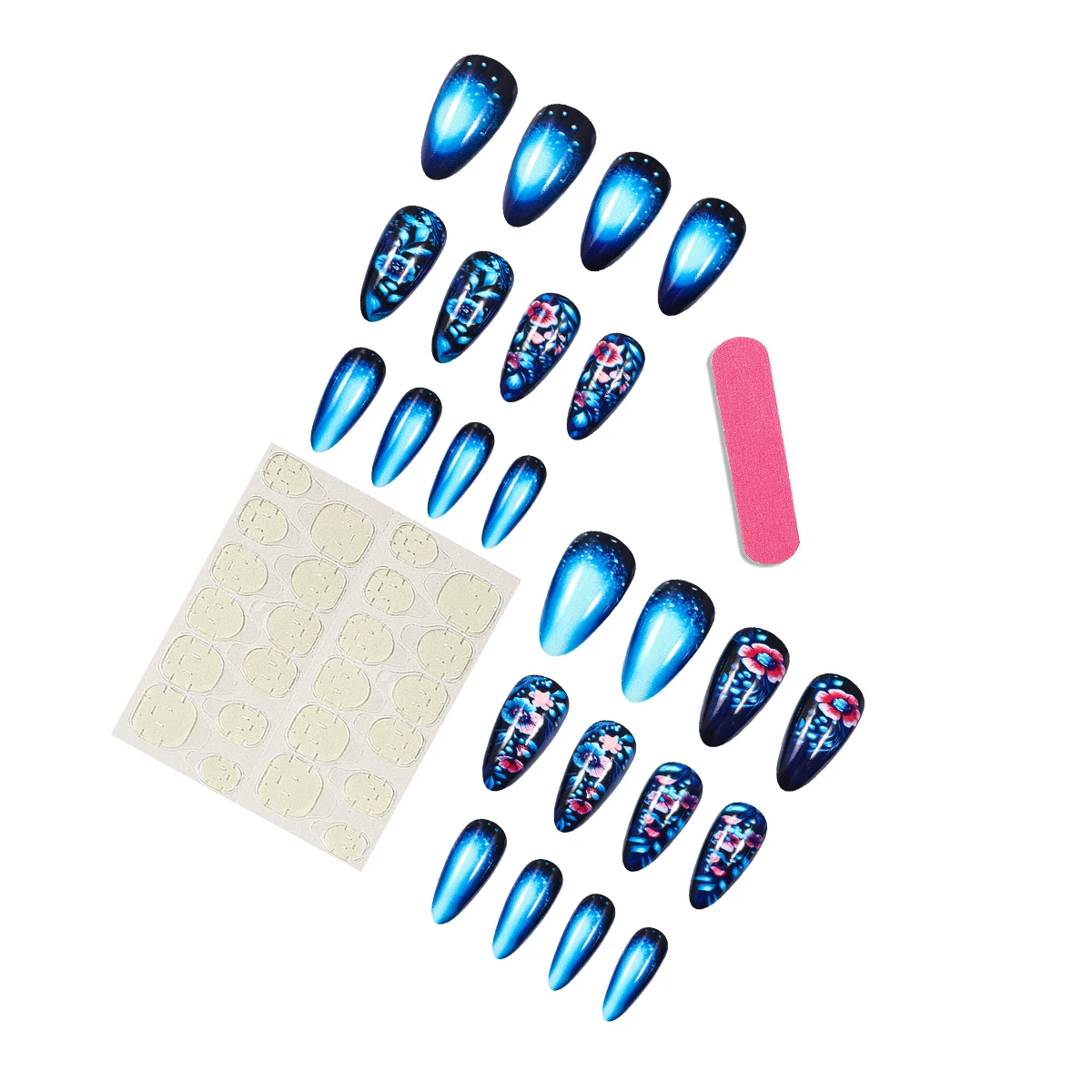 アーモンドプレスオンネイル ブルーアーモンド付け爪 フラワー装着可能 スティックオンネイル フェイクネイル フォーオングル グラデーションプレスオンネイルセット