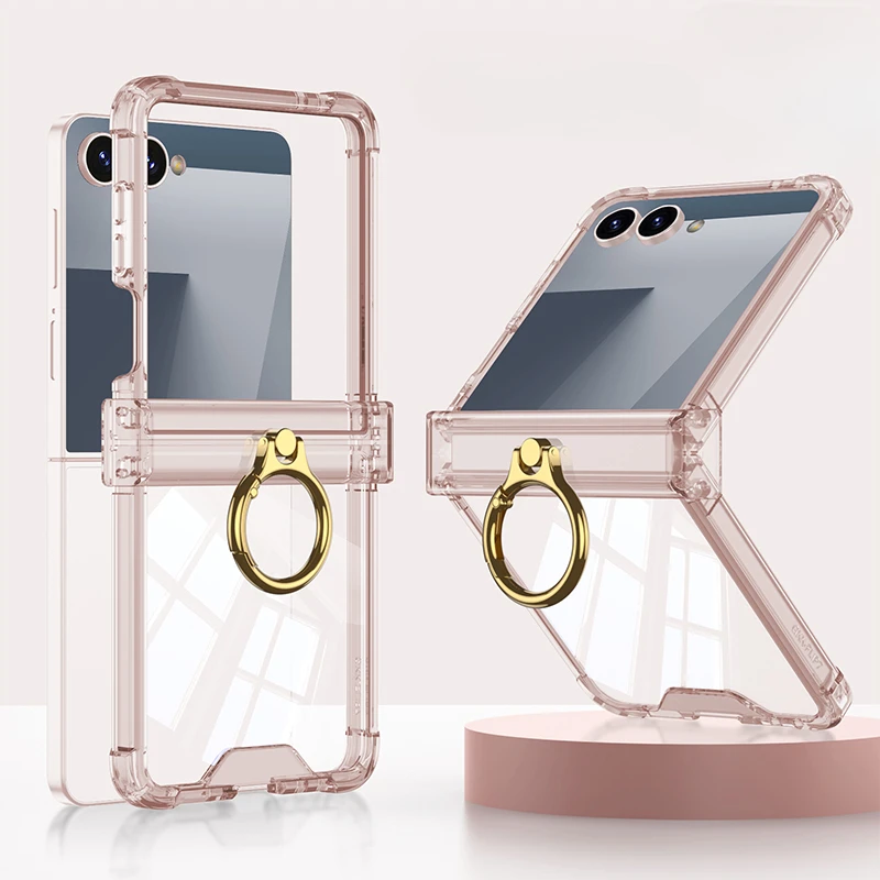

For Samsung Z Flip 7 Luxury Transparent Case Ring Holder Airbag Hinge Protection Clear Cover for Samsung Galaxy Z Flip 7