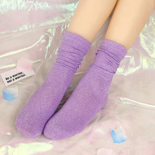Imagen 2 del producto Calcetines con purpurina de Color caramelo para mujer, medias holgadas de filigrana Harajuku, lencería femenina, medias de seda plateadas brillantes, calcetines con lentejuelas brillantes