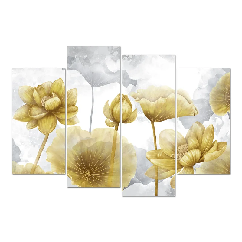 

4 Pieces Gold Lotus Poster Wall Art Abstract Flowers Print Canvas Painting Modern Style Pictures Living Room Home Decor