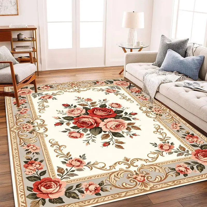 Retro Oriental Rose Flower Carpet Soft, Non slip, Washable Carpet Living Room Bedroom Study Classic Countryside Home Decor