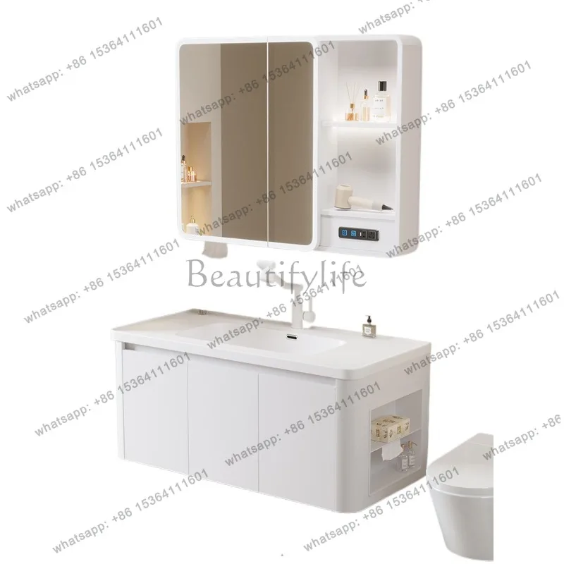 Honeycomb aluminum with socket arc bathroom cabinet combination with side cabinet ceramic integrated wash basin