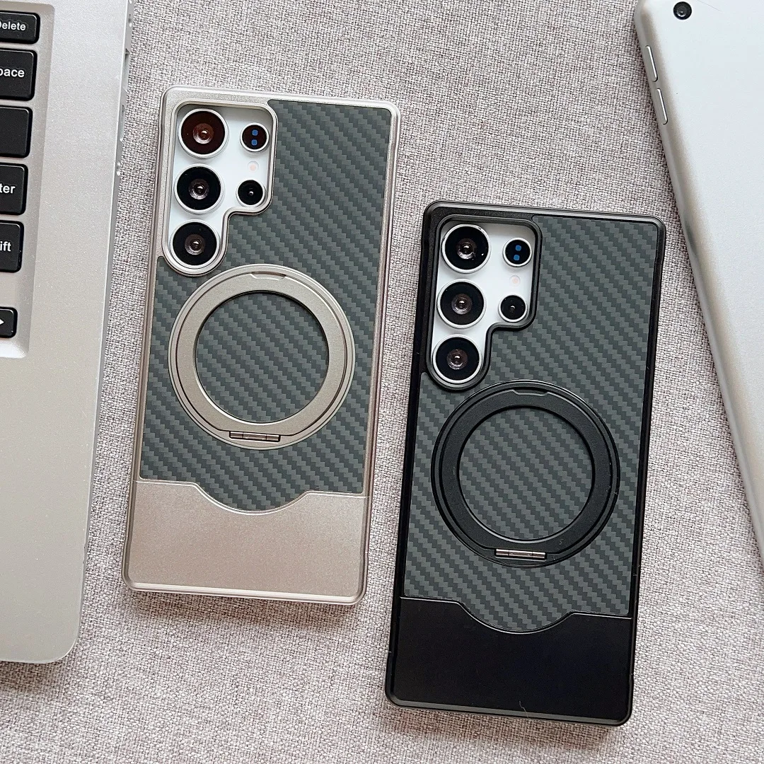 

Origina Magsafe Carbon Fiber Texture Cover For Samsung Galaxy S25 Ultra S24 Ultra Metal Phone Case with Bracket Holder