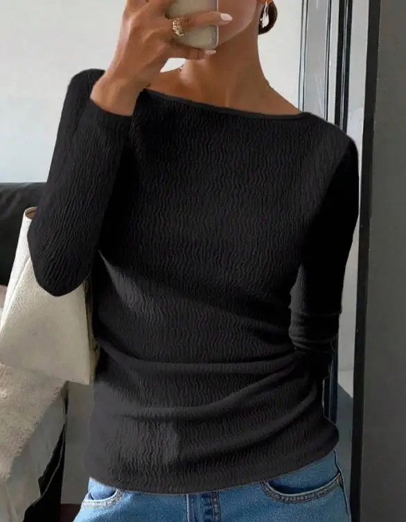 

2026 Spring New Fashionable and Elegant Casual Style Black Simple Round Neck Waist Folding Design Women's Long Sleeve Top