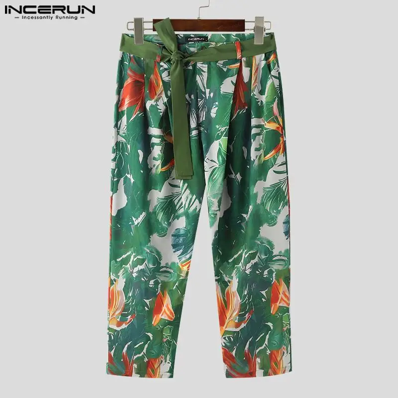 2024 Men Pants Printing Button Lace Up Joggers Loose Streetwear Trousers Men With Belt Fashion Casual Male Pants S-5XL INCERUN