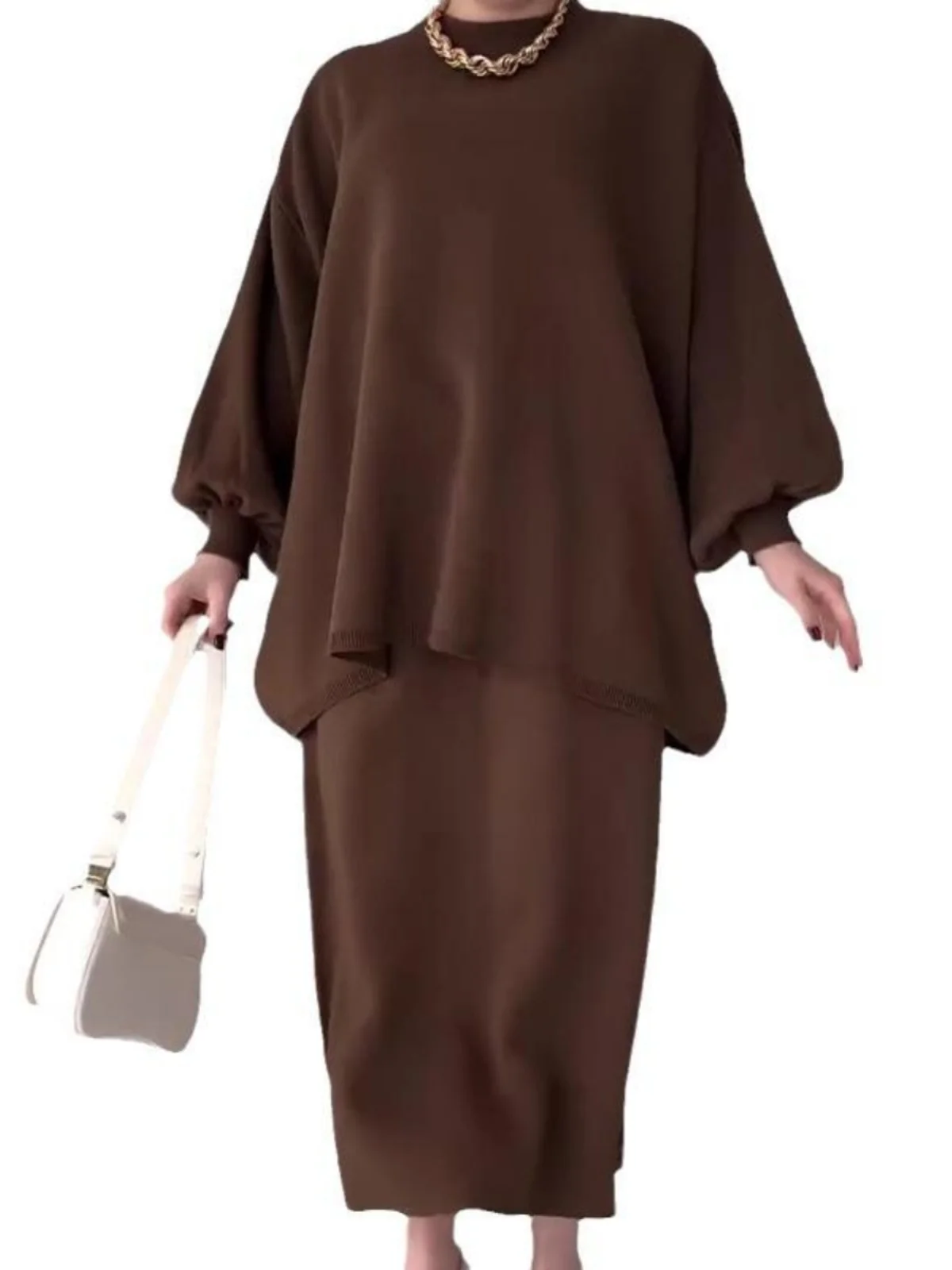 

Casual Loose Pure Color Top Bot Set Versatile Long Sve Hoodie And High Waist Skirt Women's Faion Ensemble for Autumn