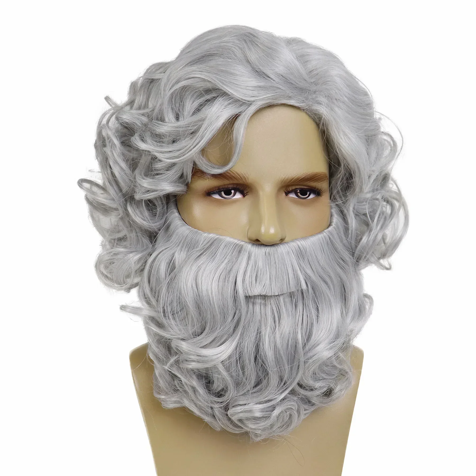 Synthetic Wizard Beard and Wig Sets Short Gray Old Man Curly Wig Costume Zeus Cosplay Suit Grey for Men Carnival Christmas Party