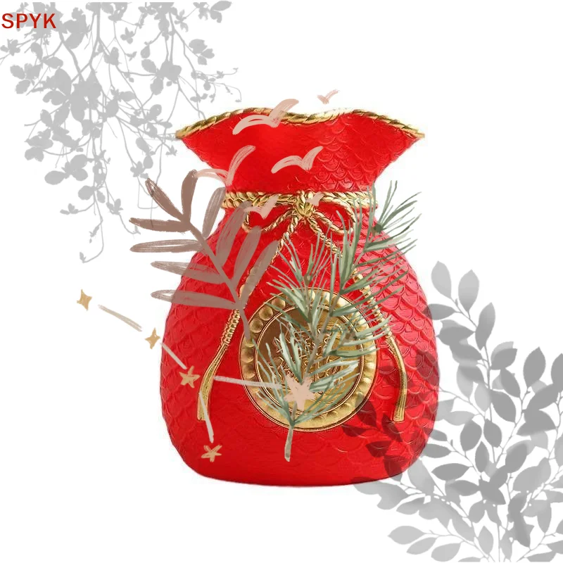 Lucky Money Bag Shaped Decorative Vase Chinese Good Fortune Embossed: Design Spring Festival Home