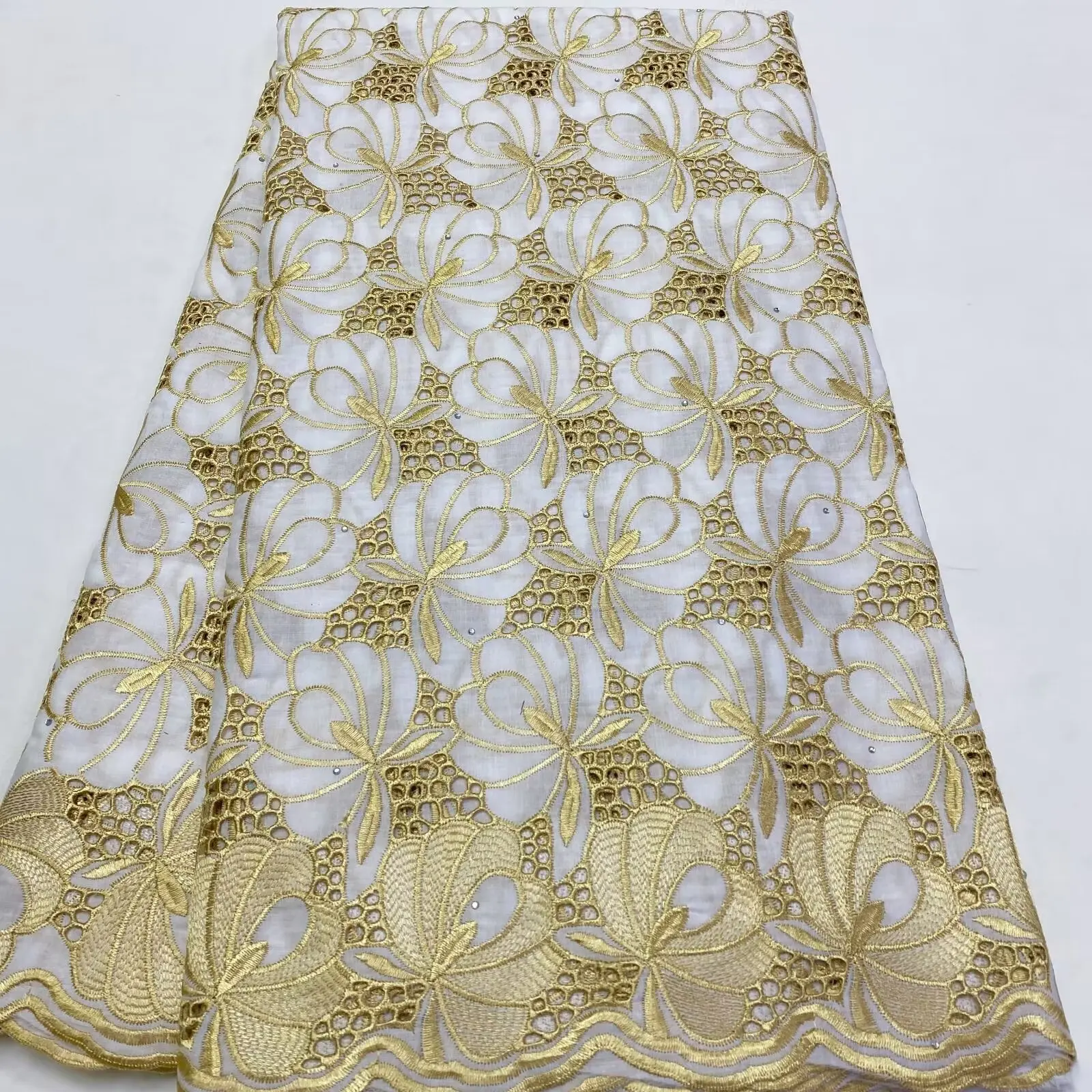 

Swiss Voile Lace Fabric High Quality Lace 2024 Cotton African Voile Embroidery Design White And Gold Color