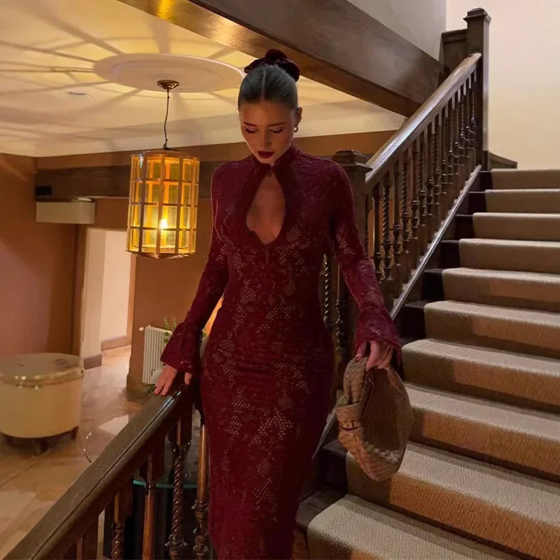 Sexy Lace Hollow out Bell Sleeve Bodycon Dress Spring New Arrival Women's Fashion Low Cut Backless Gown Dress