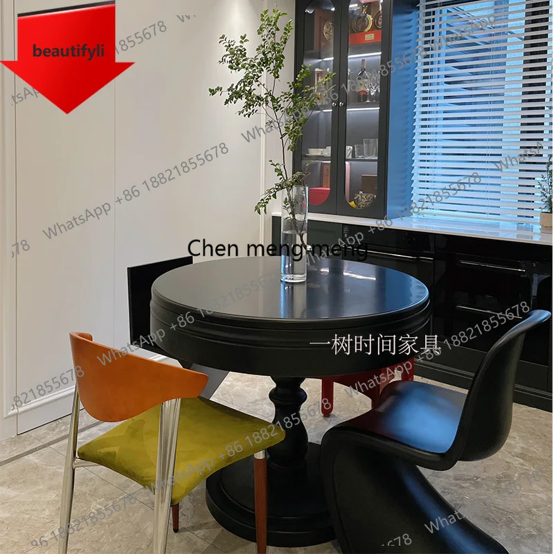 X188 Retro French small round table rotating and retractable dining table simple deformation dining table solid wood with turnta