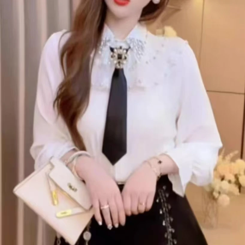 New In 2024 Autumn Diamond-Embedded With Tie White Shirt For Women Preppy Style Blouse Top Korean Popular Clothes