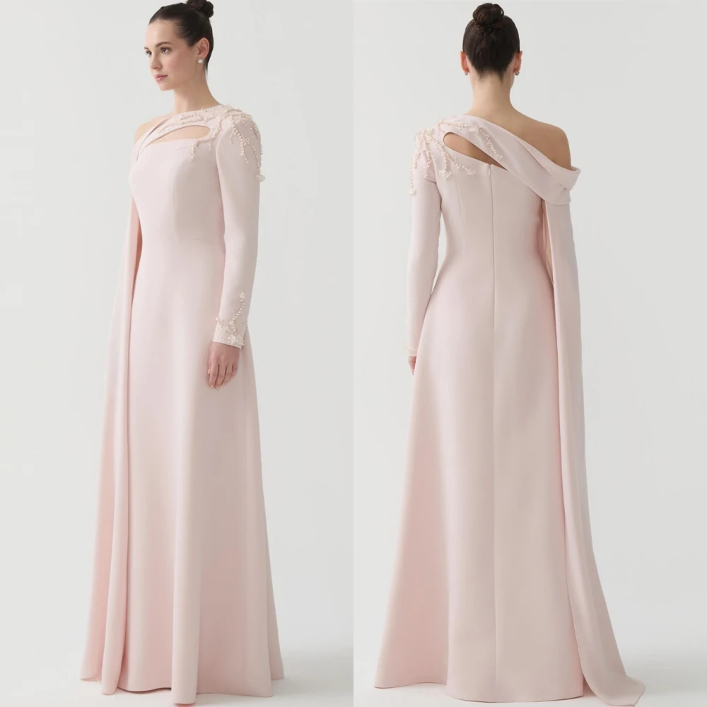 Robe de soirée gracieuse personnalisée, col bateau, Jersey délicat, manches longues, robes de célébrité, robe de soirée avec traîne de balayage