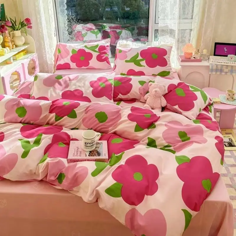 Imagem -02 - Conjunto de Cama Coreano para Meninas Capa de Edredão Lençol Plano Fronha Roupa de Cama Têxtil Floral Caseiro Gêmeo Queen Size Moda para Adultos