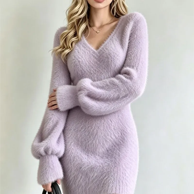 Women's Autumn Winter Knit Short Dresse Plush O Neck Long Sleeve Sweater Fuzzy Bodycon Dress Elegant Vestidos Party Daily Outfit - view 6
