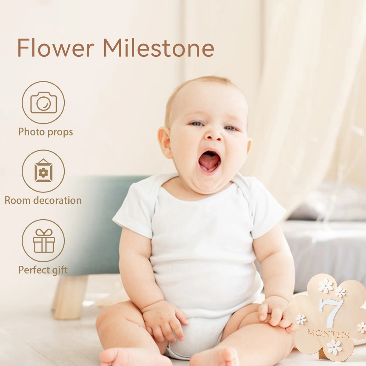 1PC Newborn baby photo souvenir flowers from January to December birthday photo souvenir Wooden flower milestone toy