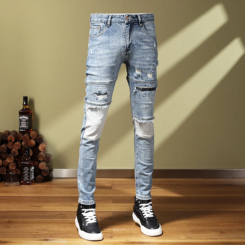 Street Fashion Men Jeans Retro Light Blue Elastic Stretch Skinny Ripped Jeans Men Spliced Designer Hip Hop Biker Pants Hombre