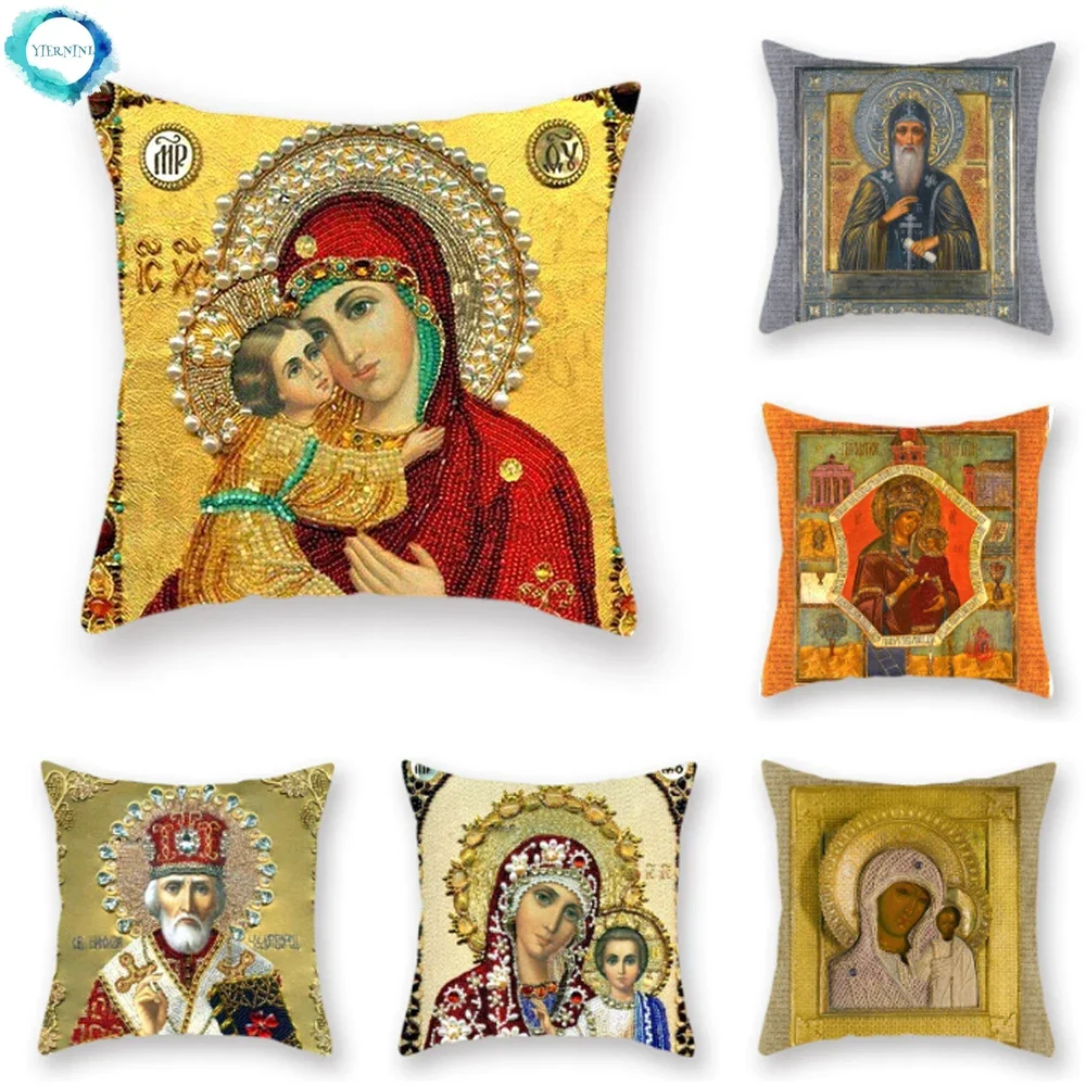 Vintage Religious Pattern Polyester Throw Pillowcase Decorative Cushion Cover Home Sofa Chair Decor Square Pillowcase 45x45cm